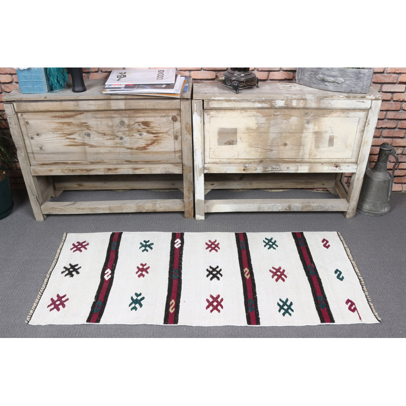 Handwoven Small Turkish Anatolian Rug in White With Vintage Patterns Ideal for Entryways
