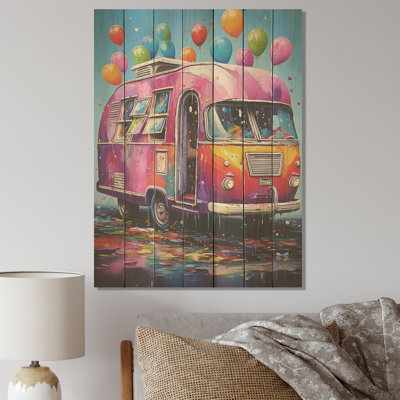Prairie Party Camping Van - Camping Travel On Wood Print