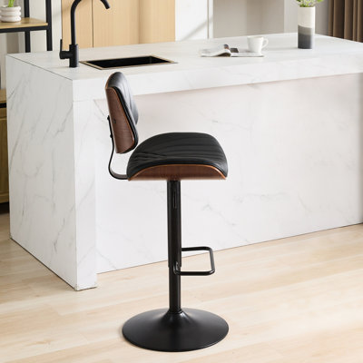 Tabourets de bar en noyer, chaise pivotante à hauteur de comptoir réglable de style Mid-Century 360 pour îlot de cuisine, salle à manger, café, revêtement en cuir noir, pieds en métal, grands tabourets ergonomiques à base stable