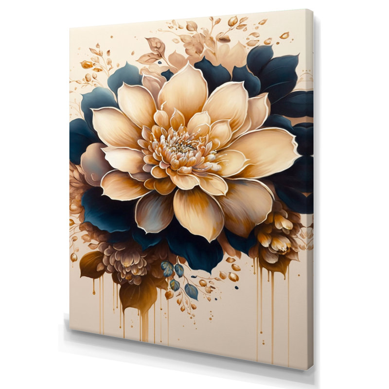 Orange clair et bleu foncé Dhalia III - Art mural sur toile floral et botanique, H 32 po x l 24 po x P 1 po, Toile tendue