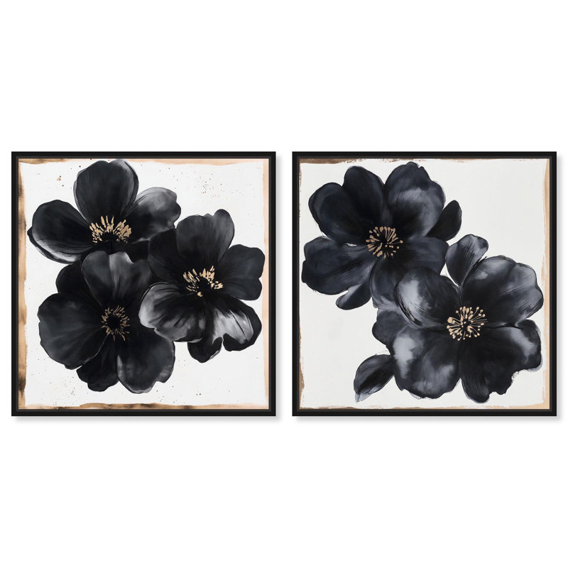 Ensemble de 2 décorations murales noires et dorées sur toile par , Cadre flottant noir, H 12 po x l 12 po