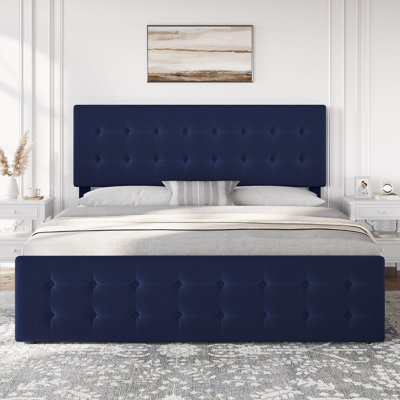 Structure de lit tapissier en velours très grand bleu avec 4 tiroirs de rangement - Tête de lit capitonnée réglable - Lattes en bois robustes - Aucun sommier nécessaire - Mobilier de chambre à coucher moderne - Couleur: flanelle bleue (800-43), KING