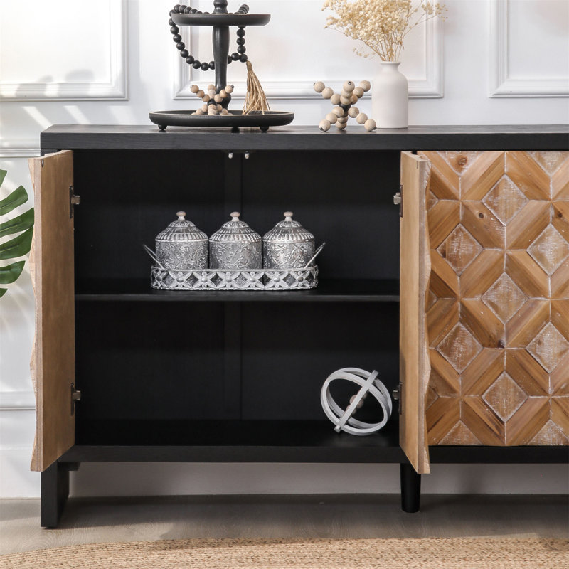 Rustic 4-Door Wood Cabinet with Geometric Pattern