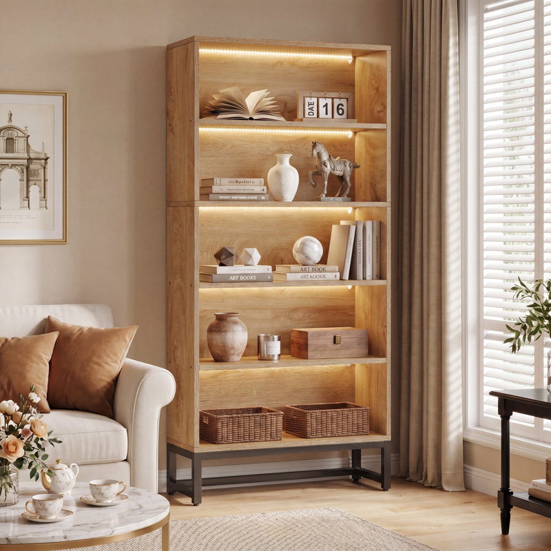 Bibliothèque de 70,47 po de hauteur avec 5 tablettes de rangement à 5 niveaux, grande bibliothèque avec lumières DEL pour le salon et la chambre à coucher