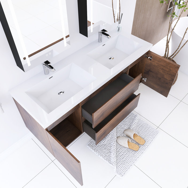 Meuble-lavabo mural double avec plateau en résine 59,05 po Reca, Palissandre