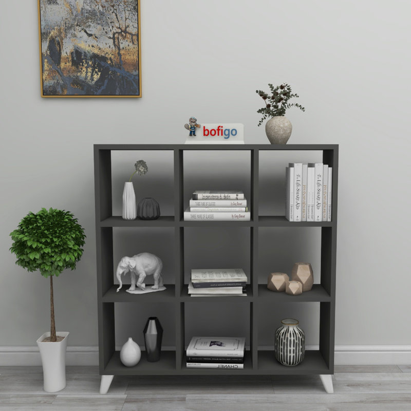 9 Cube Square Bookcase With Legs Cabinet Storage Shelving Display Wood Shelf, Anthracite