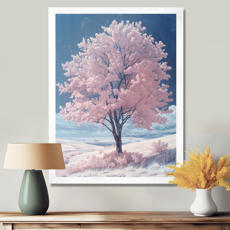Fleur de pommier rose et bleu vif - décoration murale, Cadre simple blanc, H 34 po x l 44 po