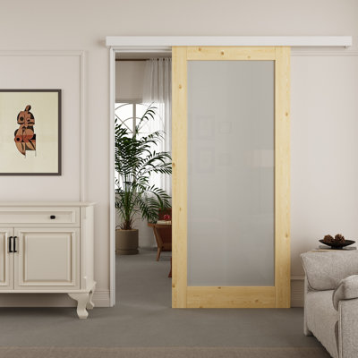 Hidden Style Track Solid Pine Wood Frosted Glass Sliding Barn Door With Hardware Kit(No Assembly Required)