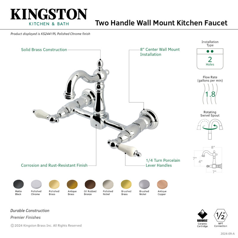 Kingston Brass Heritage Double-Handle 2-Hole Wall-Mount Bridge Kitchen Faucet, Brushed Nickel