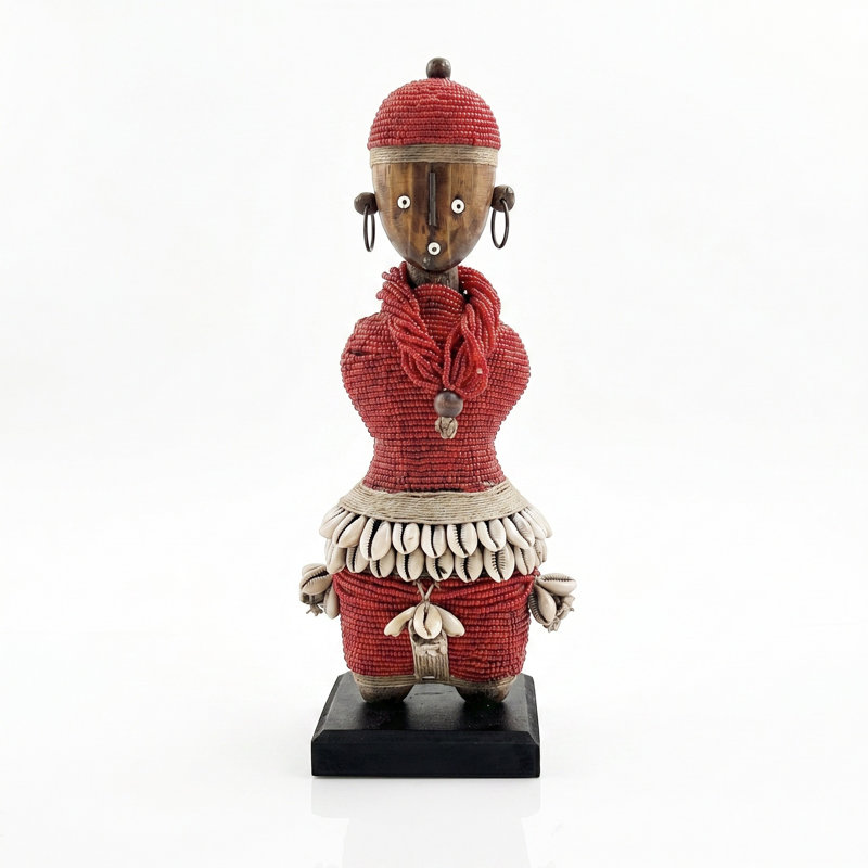 African Beaded Namji Doll, Small 11 in, Red, Beaded
