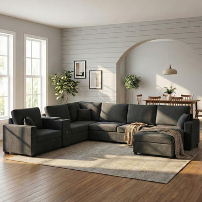 5‑Seat Modular Sectional Sofa Couch, 134" U‑Shape Couch, Large Family Sofa with Chaise Lounge, Deep Seat Comfort, Built‑In Cup Holders, Storage Drawer and Pillows for Living Room, Black
