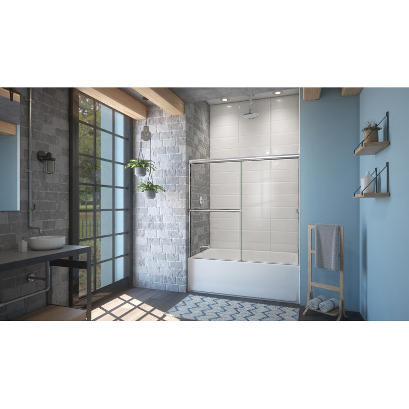 Lete 56.38 in. H Bypass Frameless Tub Door with Header and Clear Glass, Polished Chrome