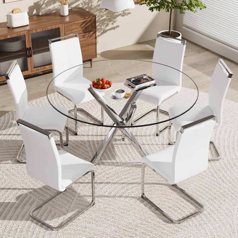 Ensemble de table de salle à manger, table ronde en verre trempé et 4 chaises rembourrées., 7, Blanc / Blanc