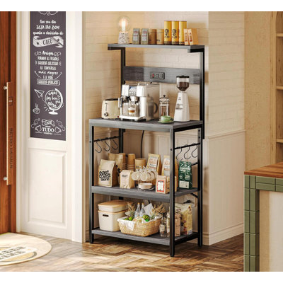 4 Tier Bakers Rack With Power Outlets Microwave Stand Coffee Bar Table Kitchen Storage Shelf With 6 Hooks Greige Finish