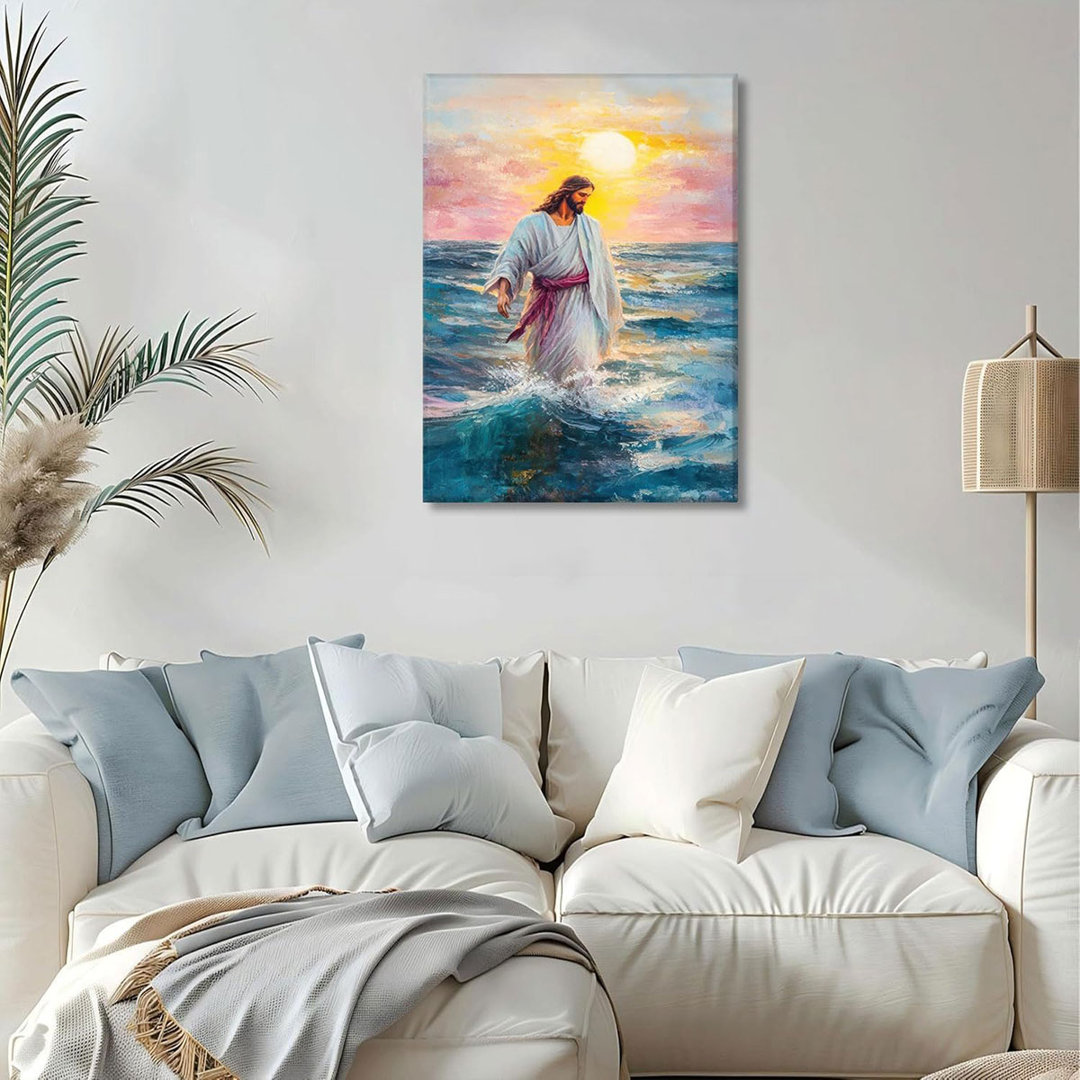 Jesus Walking On Water Canvas Wall Art Christian Sunset Ocean Scene Wall Decor Paintings Religious Catholic Posters Prints For Living Prayer Room Chur