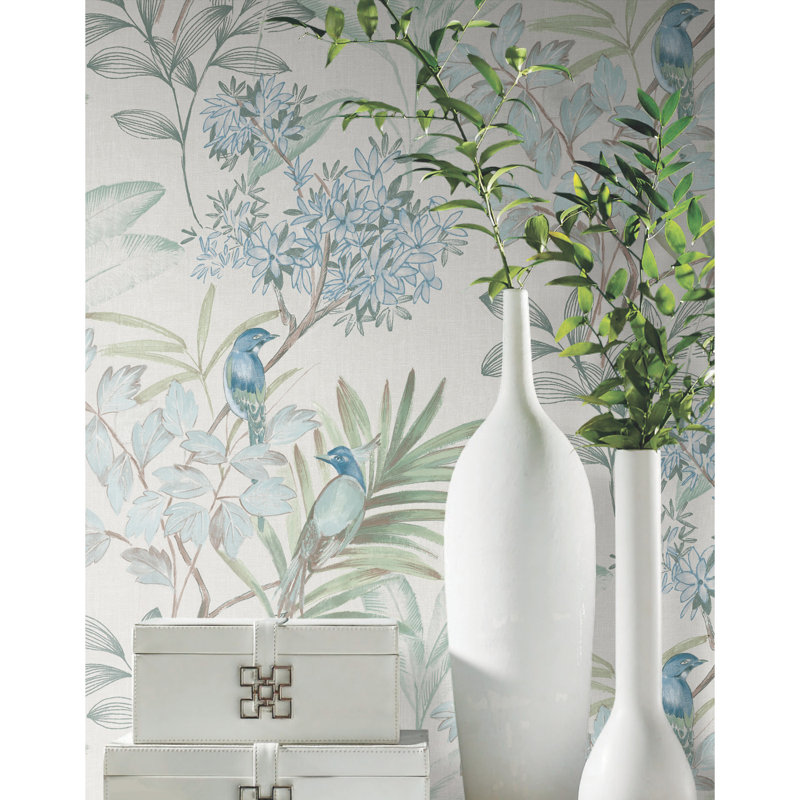 Handpainted Songbird Floral Peel & Stick Wallpaper Roll, Turquiose
