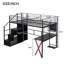Lit mezzanine double en métal avec poste de travail intégré, garde-robe, escalier de rangement et DEL, noir-1895694014