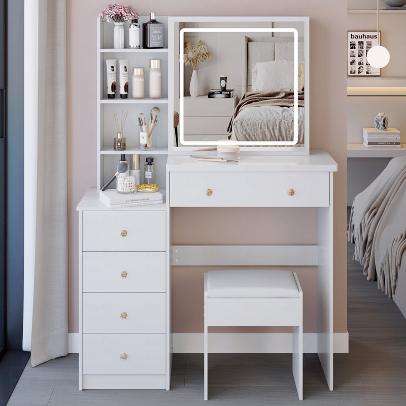 37" Middle Size Left Bedside Cabinet Vanity Table + Cushioned Stool, Large Sliding, Touch Control, Tri-Color Switching, Brightness Adjust LED Mirror, High Capacity Storage, Suitable For Middle Space