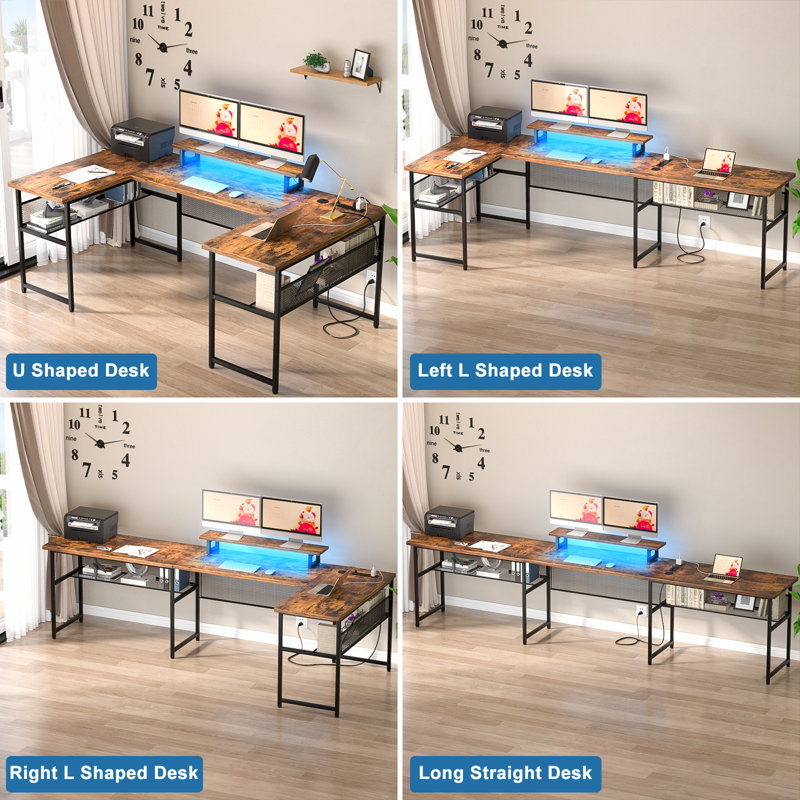 Manasa 83" U-Shape Computer Desk with LED Light Strip and Sockets, Brown/Black