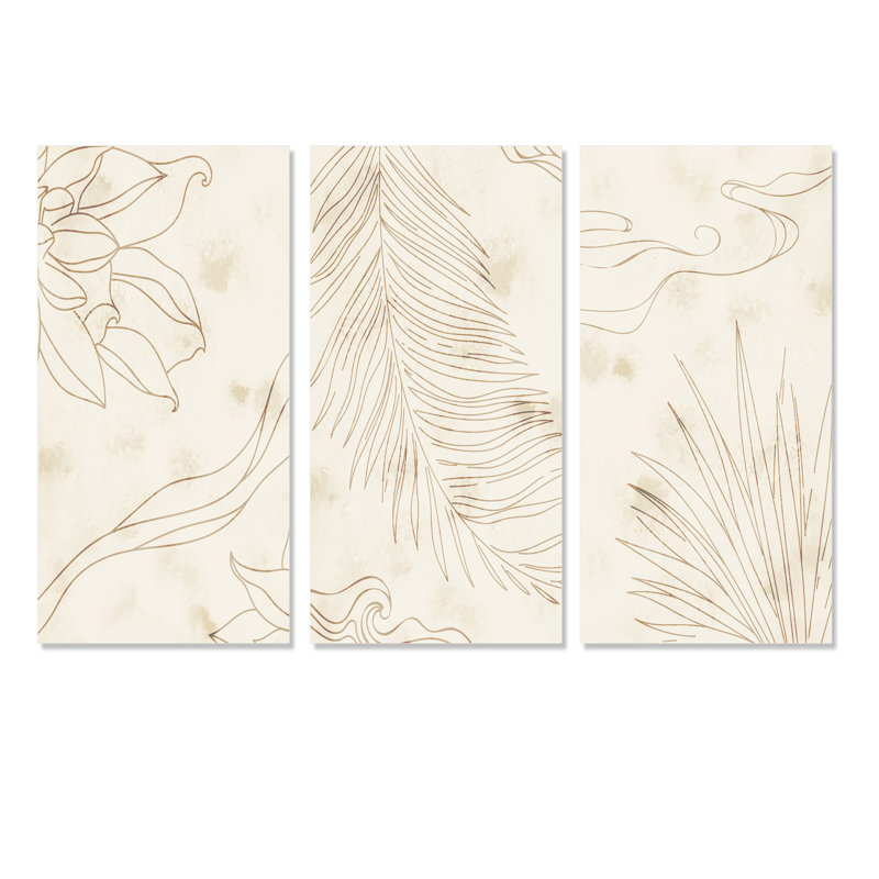 «Leaves Line Minimalist Botanical I», ensemble de 3 impressions sur toile tendue, H 40 po x l 60 po
