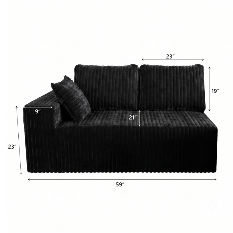 Fauteuil au sol à accoudoir gauche 2 places, flanelle de velours côtelé, mousse haute résilience, Noir