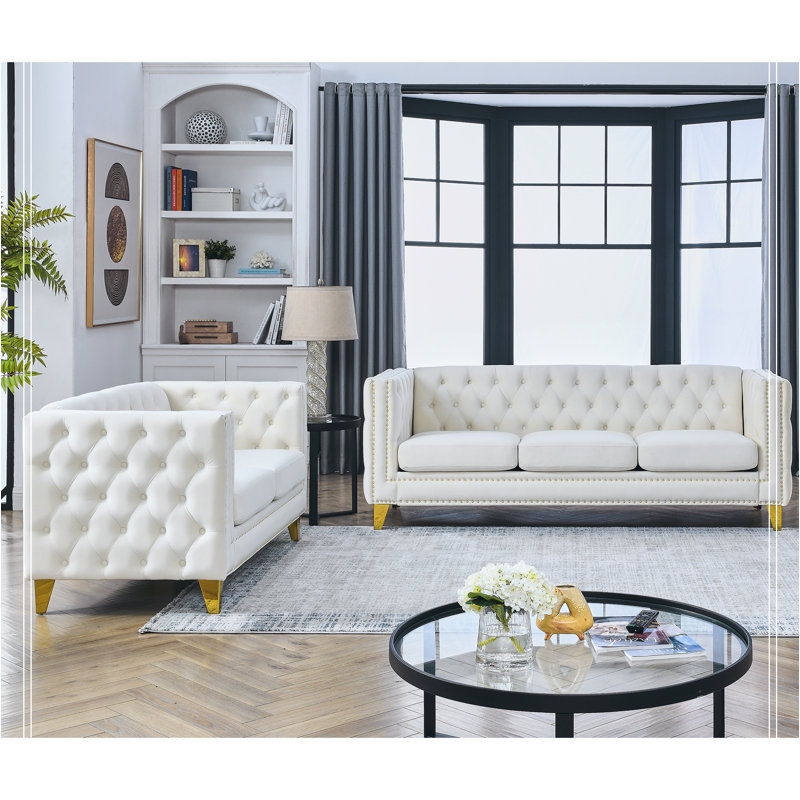 Canapé 3 places + 2 places. Velours, Beige