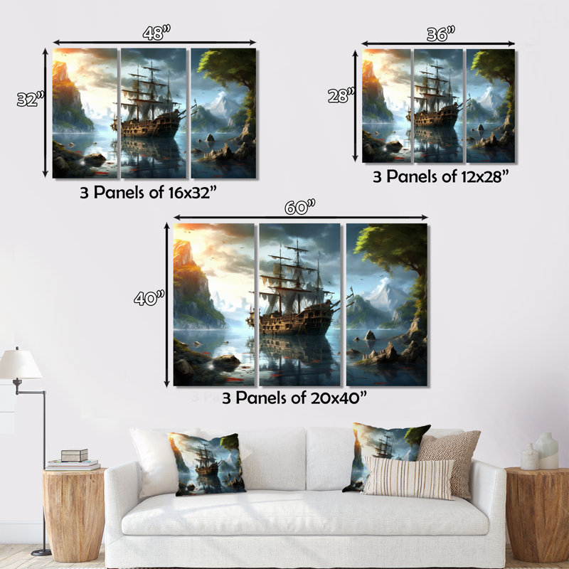 Bateau pirate en mer sur toile, reproduction de 3 pièces, H 28 po x l 36 po x P 1 po