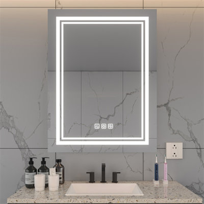 Miroir de salle de bain mural 32 po x 24 po à DEL, fonction 5 minutes, 3 couleurs à intensité variable, revêtement réfléchissant pleine grandeur, fonction brillante, réfléchissant