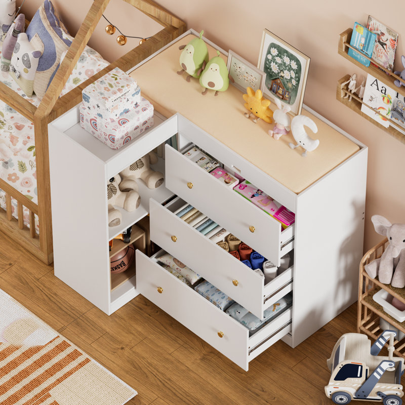 Commode pour table à langer Casanookk, commode pour chambre de bébé avec 3 tiroirs et 2 tablettes, table à langer multifonctionnelle, organisateur de chambre à langer pour chambre à coucher, blanc
