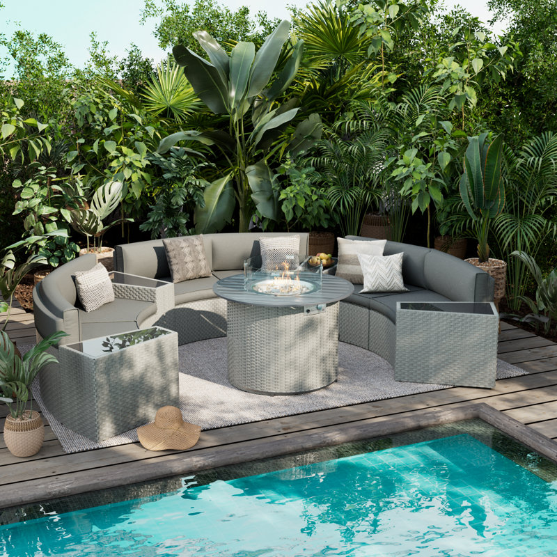Meredithe Half-Moon 6 - Person Fully Assembled Curved Patio Conversation Set With Fire Pit Table & Side Table, Gray