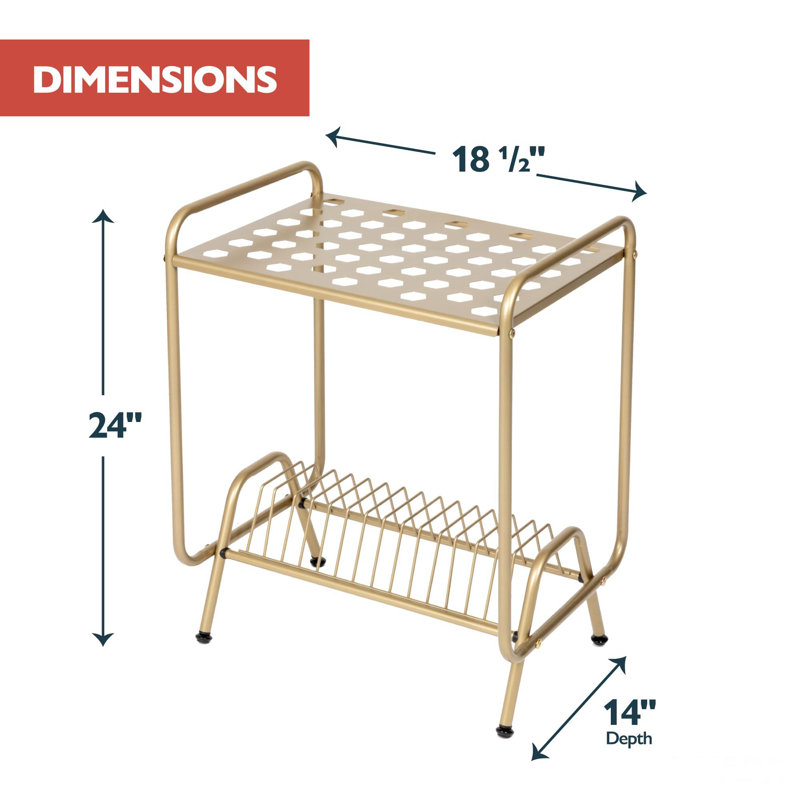 2-Tier Gold Metal Record Player Stand With 16 Slot Vinyl Record Holder - Honeycomb Design Turntable Shelf With Record Shelf, Vinyl Record Player Stand