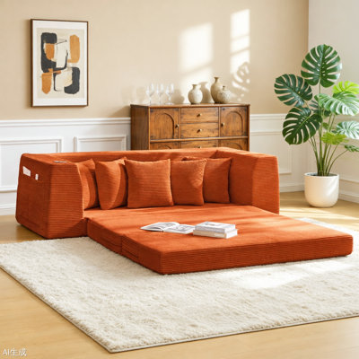 Canapé-lit convertible de 82,25 po, canapé-lit, canapé 2 en 1, canapé-lit en velours côtelé, 5 coussins, poche latérale, sans assemblage, deux porte-gobelets, accoudoir large, 3 sièges, orange