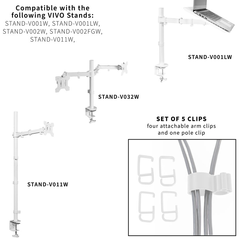 Ensemble de serre-câbles blanc VIVO pour supports pour écran | 1 pôle + 4 pinces