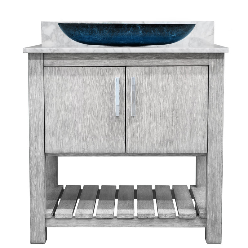 Meuble-lavabo 36 po avec comptoir en marbre de Carrare, lavabo et miroir, Chrome chrome