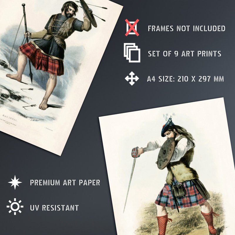 Collection Of Scottish Clan Tartans Macdonald 9-Piece Set Unframed Wall Art Prints Study Office Aesthetic Illustration Portraits