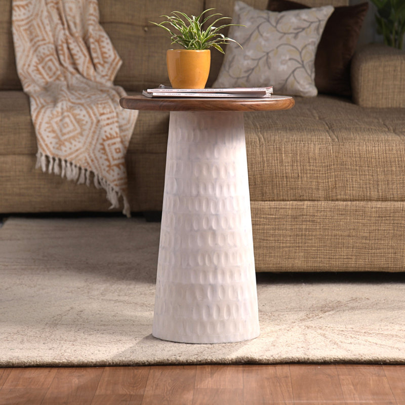 Hand-Carved Solid Wood Accent Round Top End Table, White