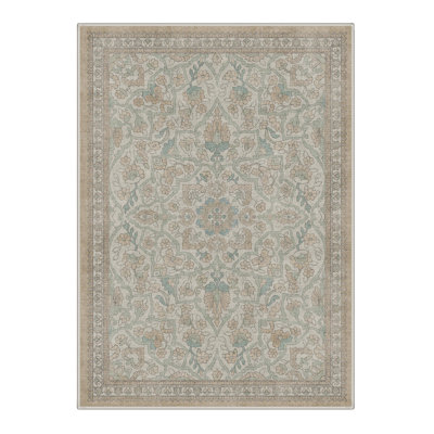 Floret Vintage Floral Machine Washable Grey / Brown Indoor Area Rug with Non-Slip Backing