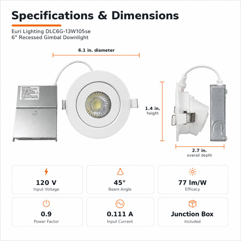 Spot encastré DEL orientable Euri Lighting de 15 cm (6 po), 13 W, 1 000 lm, équivalent à 100 W, 5 CCT, homologué IC, T24, ETL