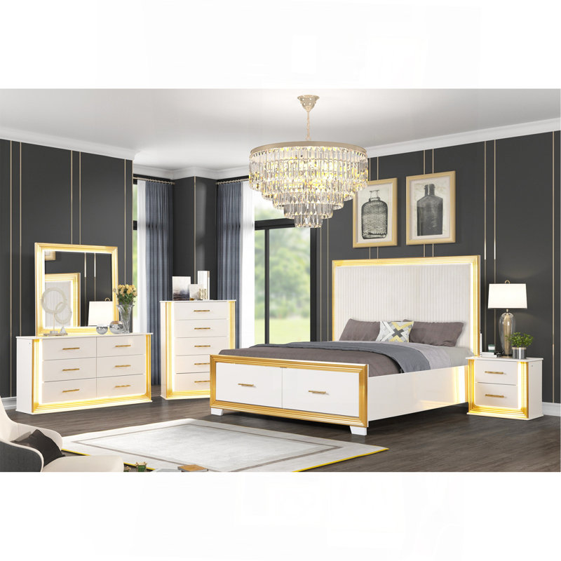 Ensemble de chambre à coucher pour lit très grand 5 pièces de style contemporain en bois et finition dorée