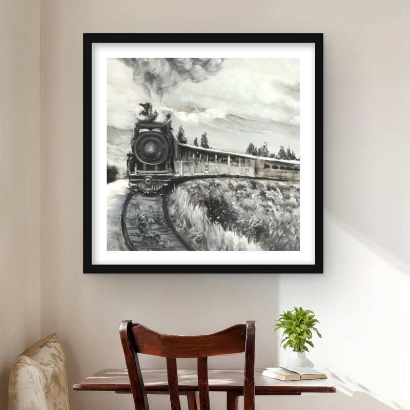 Train à vapeur - Imprimé mat gris encadré pour la décoration intérieure, H 24 po x l 24 po