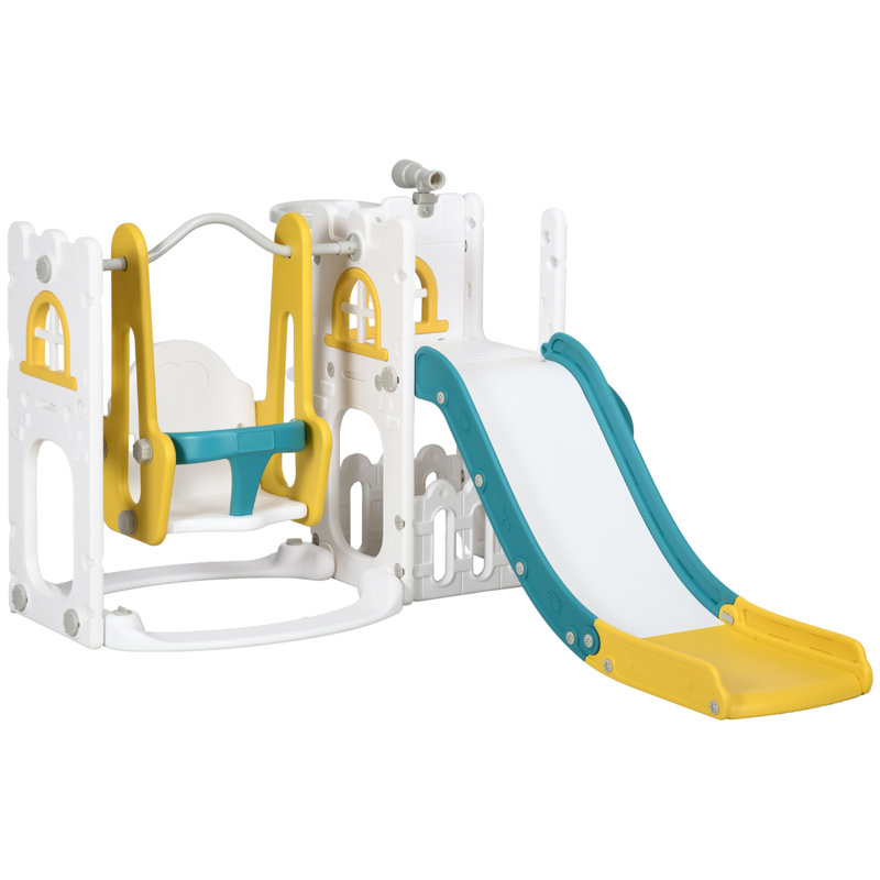 Qaba 6 In 1 Toddler Slide And Swing Set, Baby Slide For Age 1-3 Years With Basketball Hoop, Climber, Storage Space, Telescope, Indoor Playground