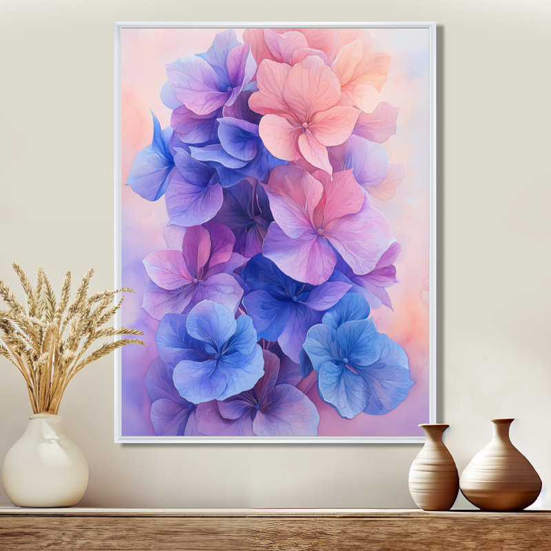 Lavande fluide Hydrangea Flow II - hydrangées, art mural pour le salon, H 44 po x l 34 po, Blanc