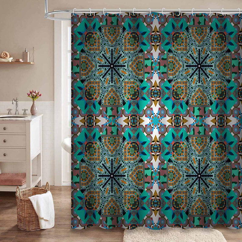 Rideau de douche géométrique ornement symétrique bleu avec 12 crochets, L 72 po x l 78 po