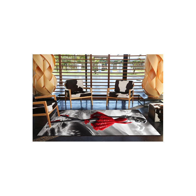Red Heeled Dress Patterned Woven Base Rug Machine Washable, Rectangle 3'3" x 4'11" Rug Pad Included