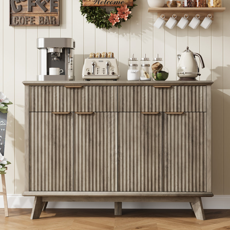 47.2" Fluted Buffet Sideboard Cabinet with Storage, Modern Kitchen Cabinet with Drawers & Adjustable Shelves, Coffee Bar with Charging Station for Living Room, Dining Room, Kitchen Or Entryway