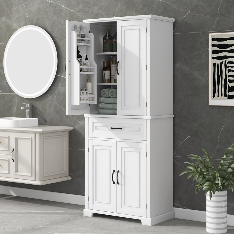 Armoire de rangement de salle de bain avec portes et tiroir, plusieurs espaces de rangement, tablette réglable, Blanc