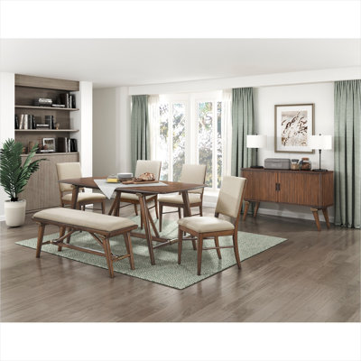 Ensemble de salle à manger rectangulaire 6 pièces brun avec banc et chaises rembourrées pour la salle à manger