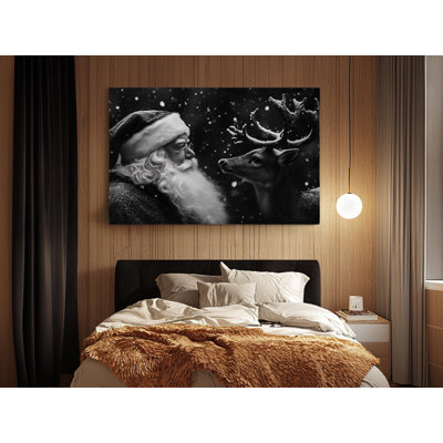 "Noir et blanc" du père Noël et des rennes sur toile de haute qualité - décoration murale fabriquée à la main - art élégant - cadeau - décoration murale