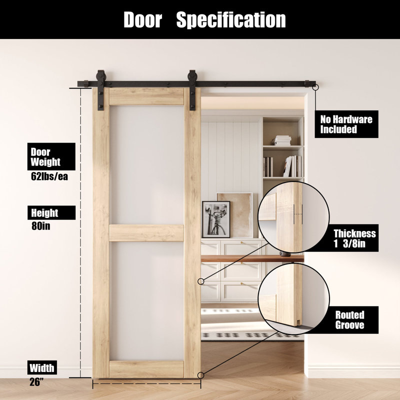 Porte de grange coulissante en bois massif non assemblé 26 x 80 2-Lite, 26 po x 80 po