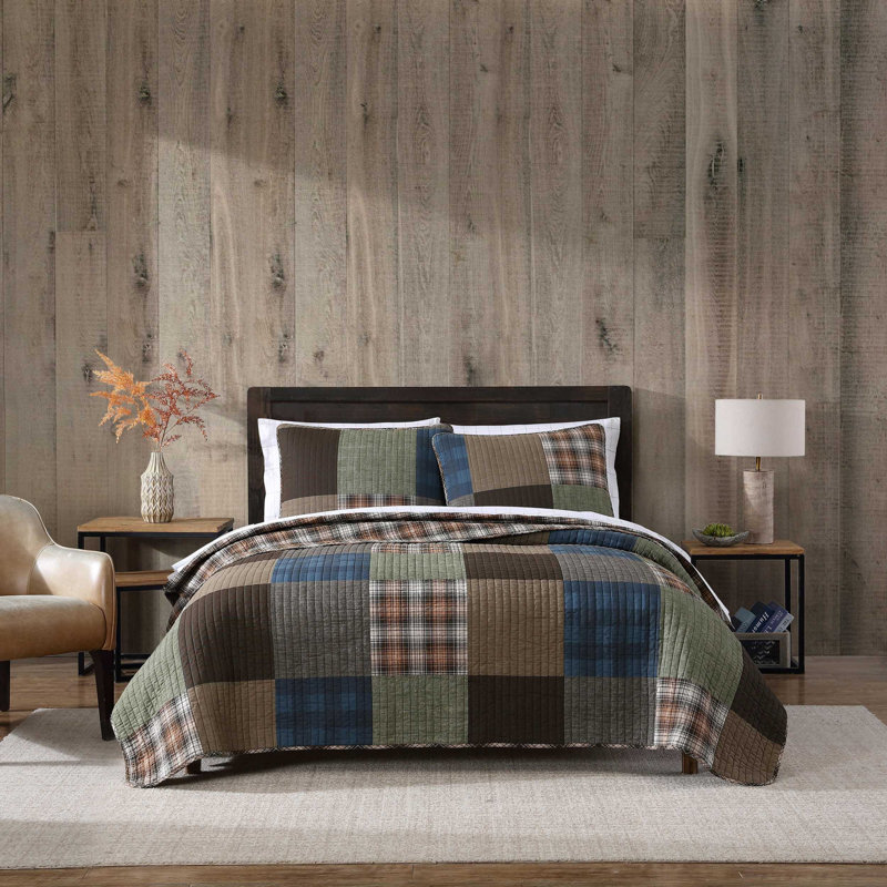 King Size Brown and Green Cotton Reversible Patchwork Quilt Set